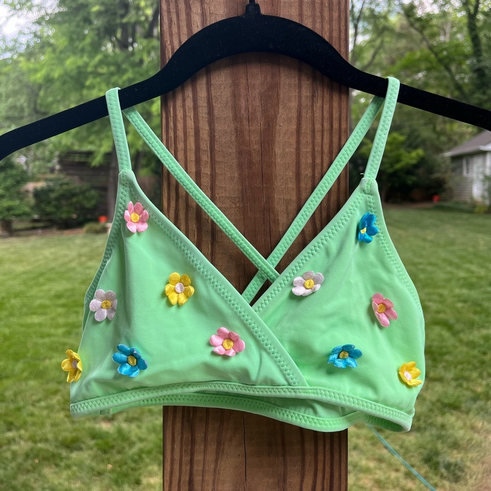 Vintage Mint Green Floral Appliqué Bikini Top